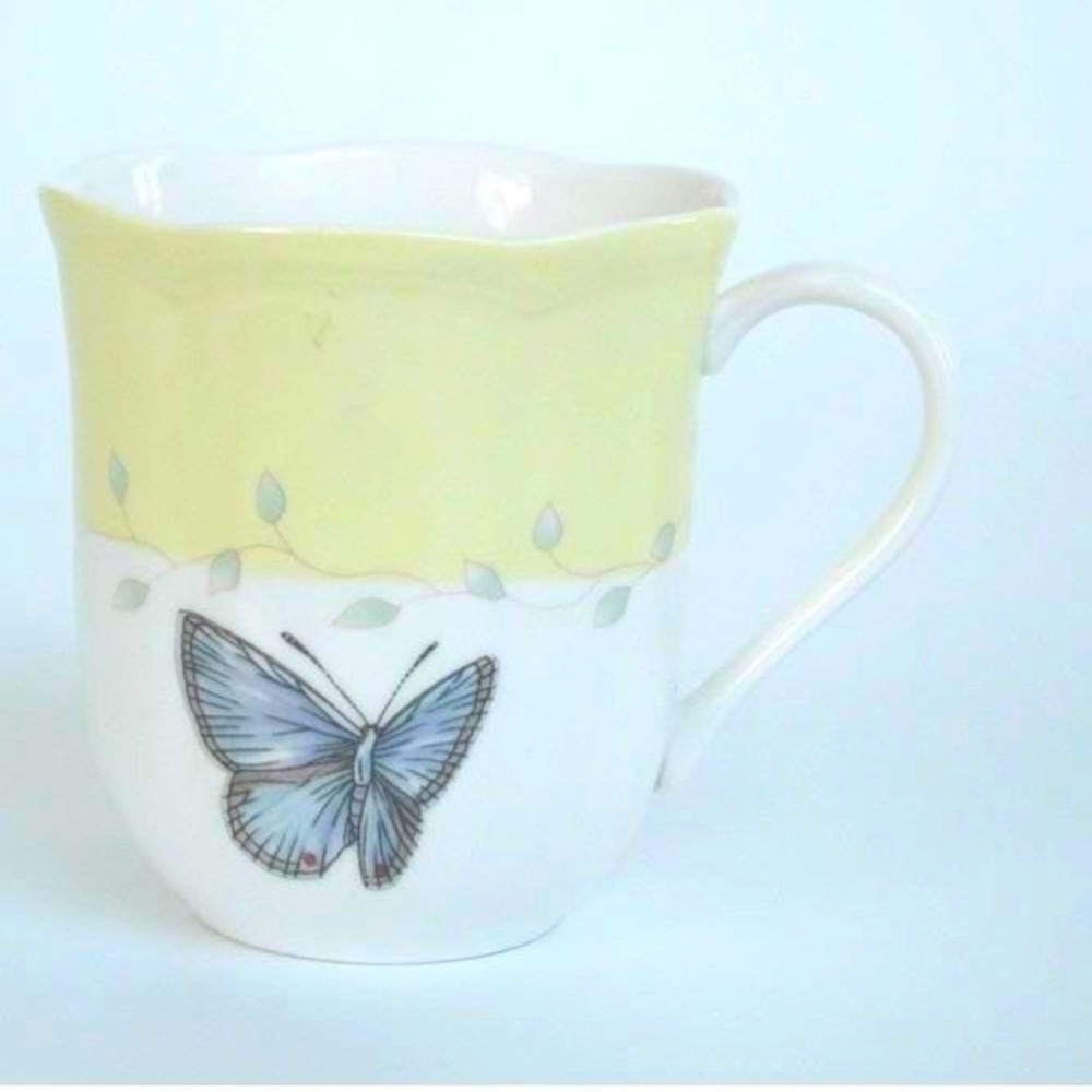 Lenox Butterfly Meadow Mug Porcelain Yellow White Blue Butterfly Scalloped 4in‎